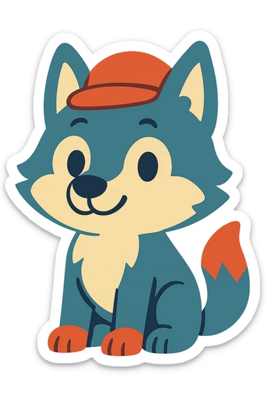 cute wolf wearing a red hat, colorful cartoon style sticker