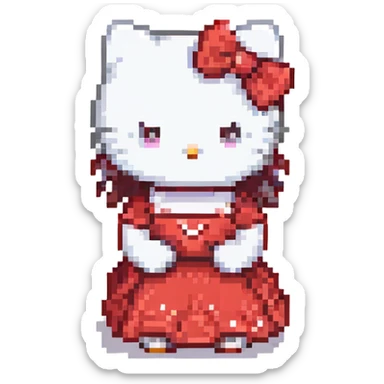Hello Kitty sitting pose red dress classic look minimal details pixel art sticker