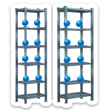 tall metal shelves with many blue orb prophecies sticker