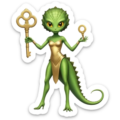 a reptilian alien woman full body, in gold dress, hold big key, yellow eyes sticker