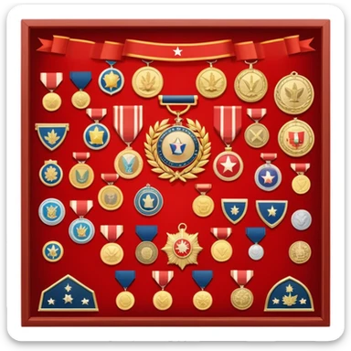 Icon for Collecting Orders, Medals & Badges: a variety of vintage orders, medals and badges, displayed neatly on a big red pennant or in a display case. The icon should reflect the honor and historical significance of these collectible items. Transparent background. sticker