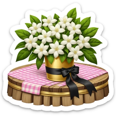 A lush bouquet of white color Jasmin black satin ribbon, resting on an antique wooden table, with a pale yellow and pink plaid pattern table cloth sticker
