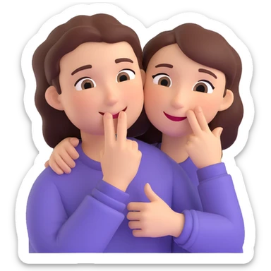 A person hugging another person with a mysterious smile and a finger to their lips sticker