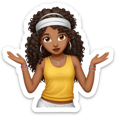 Dancing dark brown girl with long darn brown curly hair with headband hip hop sticker