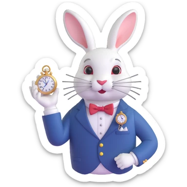 Alice in Wonderland white rabbit with a bow tie and monocle, holding a pocket watch, elegant and quirky design emoji sticker
