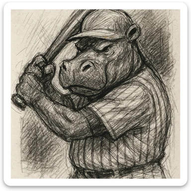 hippo holding a baseball bat, wearing a yellow helmet, pinstripes outfit sticker