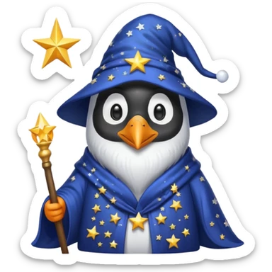 penguin wizard, with a long beard, starry robe sticker