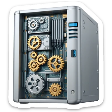 Computer server with gears and code symbols representing DevOps automation sticker