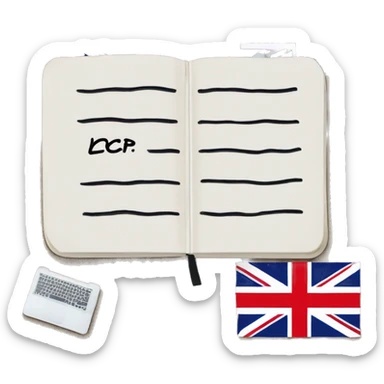 Notebook for writing English words with the Great Britain flag icon and the inscription LCP sticker