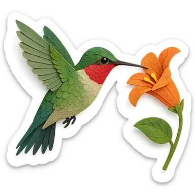 very detailed ruby-throated hummingbird, intricate cut paper textures, iridescent green feathers, bright red throat, hovering near a flower sticker