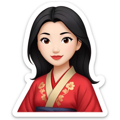 Cinematic Realistic Radiant Mulan Portrait, presenting Mulan with a warm, confident smile and lifelike light-toned skin that appears almost luminous under natural daylight. Her sleek black hair is rendered in meticulous detail, and her traditional robe—accented with understated red highlights—is depicted with realistic fabric textures and folds. The overall image exudes a gentle, inviting glow, high shine, and refined detail that captures her poised elegance and inner resilience in a painterly, authentic style. sticker