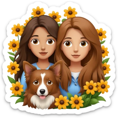 A long-haired girl is holding a brown Border Collie in the flowers sticker