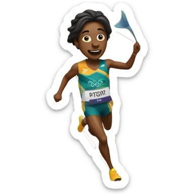 Olympic runner crossing the finish line holding a fish sticker