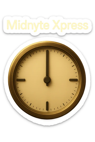 Add a glowing effect around the clock and the text 'Midnyte Xpress', keeping the realistic look and transparent background. Maintain the realistic style and enhance the glow effect around both the clock and the text for emphasis. sticker