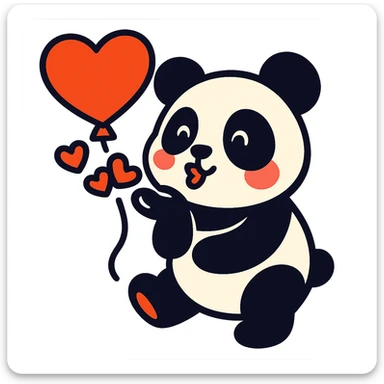 panda with heart-shaped balloon blowing kisses, vibrant-toon style sticker