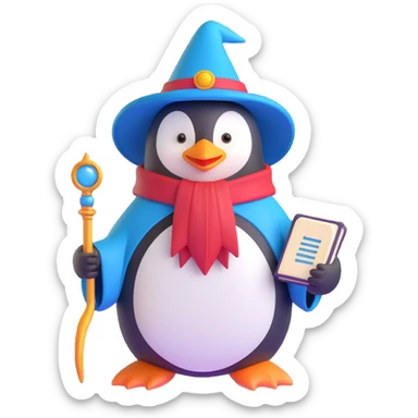 A penguin wizard wearing a wizard hat and holding a spellbook sticker