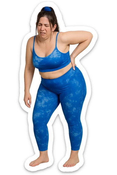 a woman in her 30s  holding her lower back with a pained expression. Subtle visual cues, like uneven shoulders or hips, hint at postural asymmetry. symbolizing chronic pain over the years. vista anatomicamente non farla troppo grassa sticker