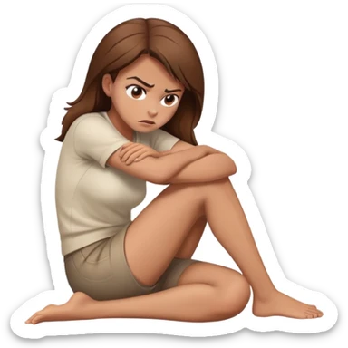angry woman with brown hair sitting in profile on a floor hugging her knees avoiding conversation  sticker
