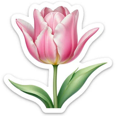 Single soft pink tulip with watercolor petals, clean white background, green stem, and curved soft leaves, elegant hand-painted style sticker