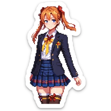 Honoka Kosaka from Love Live standing in Otonokizaka High School courtyard, orange side ponytail with yellow ribbon, blue eyes, navy blazer, red ribbon at collar, blue tartan skirt, black knee socks, brown loafers, cherry blossom petals floating, spring breeze, cheerful and determined expression sticker