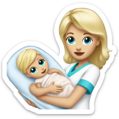 female nurse with blonde hair with curtain bangs and blue eyes holding a newborn baby sticker