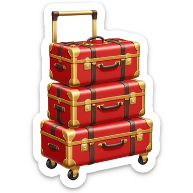Luggage cart: A polished gold luggage cart with a red carpet base, neatly stacked with suitcases. sticker
