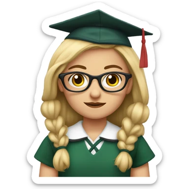 niña rubia, con ojos azules, con gafas rosas y con uniforme de colegio con falda de cuadros verdes y marron sticker