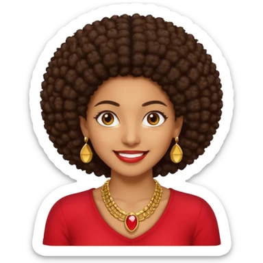 Brownskin girl dark brown hair afro brown eyes smiling red shirt gold esrrings gold necklace sticker