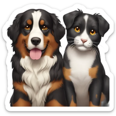 A Bernese dog next to A tortoiseshell cat without white sticker