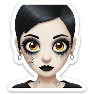 Goth girl with black hair and all white eyeballs, goth makeup, 69 tattooed above her right eye sticker