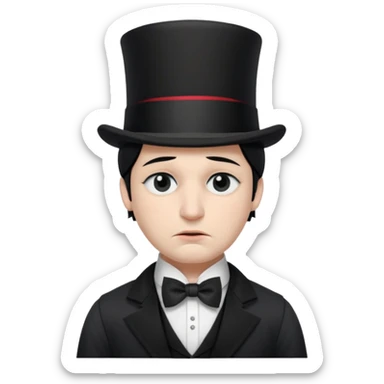 A man with snow white skin, a black half mask with an eye hole, a black top hat, a black vest with a black tie tucked underneath, and a white collared shirt. A frown, and closed eyes. sticker