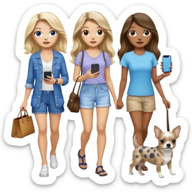 Three pretty women in cute summer clothes holding iPhone, hazel eyed light skin with dark blonde long hair and light skin hazel eyed long wavy dark hair, blue eyed light skin long blonde hair walking 2 dogs,blue and gray spotted Merle Frenchie, black and tan chihuahua  sticker
