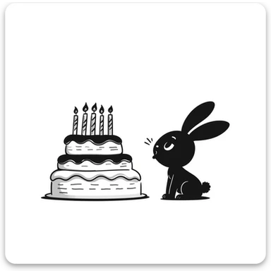 a rabbit blowing out the candles on a birthday cake, hand drawn doodle style, cute and playful sticker