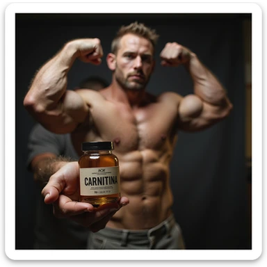 realistic bodybuilder in competition pose holding a vial with a label reading 'CARNITINA' in large block letters, 4k quality sticker