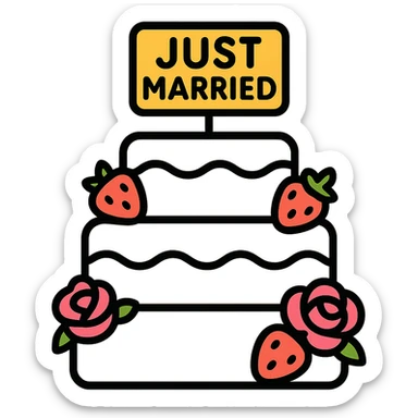 white wedding cake with strawberries, pink roses, 'Just Married' topper, color outline icon style sticker
