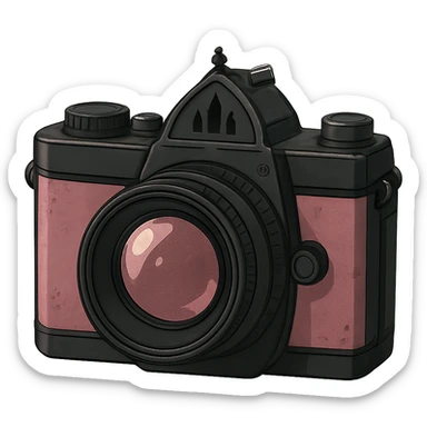 gothic camera, black and pink, ghibli style sticker