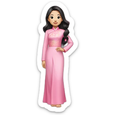 asian girl with fair lips, wavy black hair posing with pink ao dai full body side pose sticker