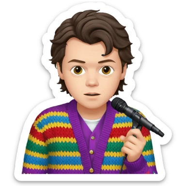 harry styles with a mic, he is wearing a colorful cardigan sticker