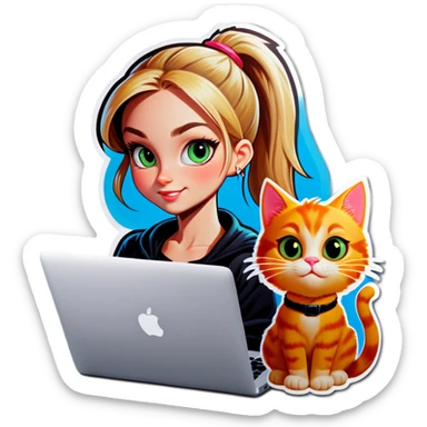 Blonde girl ponytail macBook and a cat sticker