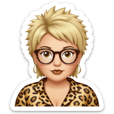  plus size white women dressed in leopard with short medium brown and blonde shaggy spiked hair wearing glasses with hazel color eyes and wide flat nose sticker