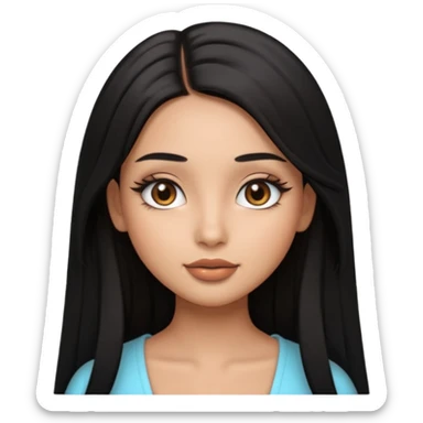 pretty cartoon girl, semi-realistic 3D emoji style, long middle parted straight black hair, tan skin, brown eyes, long eyelashes, soft glam makeup, glossy lips, smooth skin, cute aesthetic,  sticker