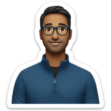 29 year old indian tech founder clean shaven in blue quarter zip with black tortoiseshell glasses sticker