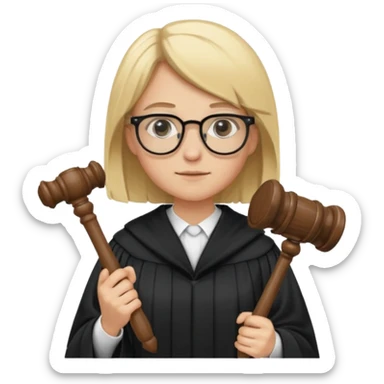 Young judge, blonde hair with glasses and robe, hold a gavel sticker
