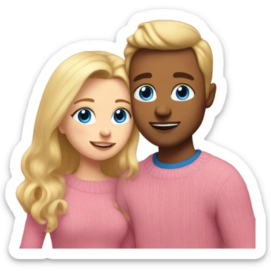 blonde girl with blue eyes in a pink sweater kisses a blonde guy with blue eyes in a brown sweater sticker