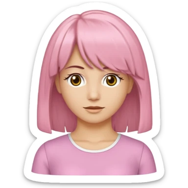 Uma garota de cabelos castanhos escovados médios, side bangs jogada para a direita, uma blusa branca estilo anos 2000 com detalhes em renda óculos com armação douradas e lábios rosados sticker