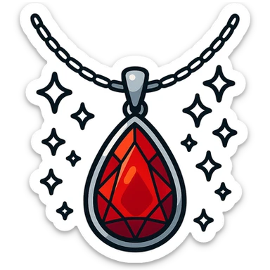 A fiery red teardrop ruby pendant suspended in a delicate silver chain, surrounded by glistening white stones sticker