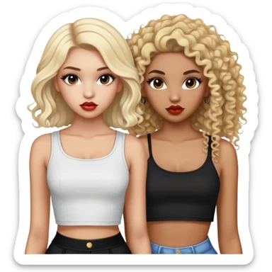 Two teenage girls together, one white with straight blonde hair and one brown-skinned with curly dark hair, both with heavy makeup, big lips, crop tops and choni style clothing sticker