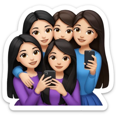 3 girl friends, one with black long hair light skin. one with brown hair long and the last girl one with black with brown medium length hair. Glammed up and hugging  and one talking a selfie and all of them smiling and looking girly all same skin tone  sticker
