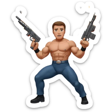 Icon for Action Movies: Arnold Schwarzenegger in the lead role, in an intense action pose with weapons, explosions, and dramatic background. The design should evoke the classic action movie feel with muscle-bound heroes and high-energy sequences. Transparent background. sticker