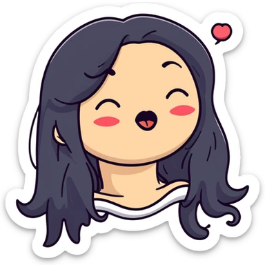 surprised and disgusted face with long black hair, goopy white liquid on cheeks, lips, and tongue, tongue sticking out, eyes shut, expressive cartoon look sticker